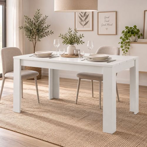 Tavolo Fisso Bianco Opaco 6 Posti Ripiano Effetto Dogato 135x80x76h cm, Forma Rettangolare - Luarca