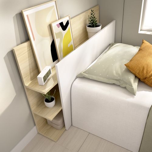 Testiera Letto Bianco Marrone Rovere Vani Libreria Singolo 19x105 cm, Colore Struttura Marrone - Minden