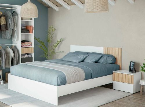Testiera letto Yuma, Testata letto con 2 comodini, Set per camera da letto, 266x34h89 cm, Bianco e Rovere