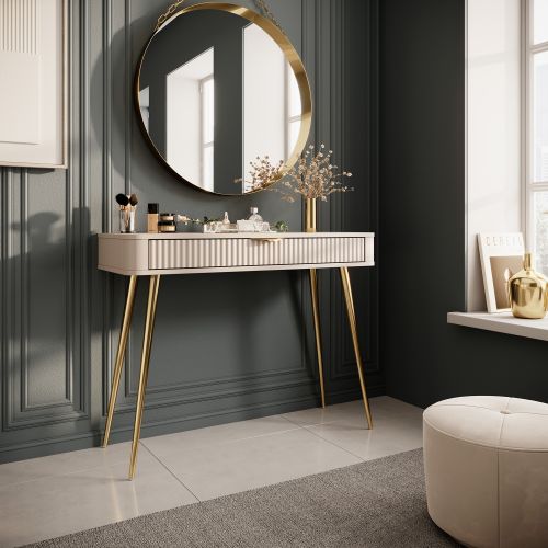 Toeletta Beige oro un Cassetto Materiale Struttura in Metallo 100x38x78h cm, Materiale Piano in Legno Nobilitato - Katerara