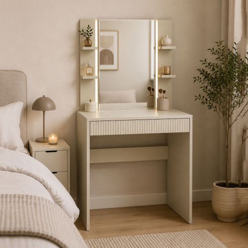 Toeletta Beige Scuro Specchio Incluso un Cassetto 80x40x136h cm, Cassetto Effetto Rigato - Logaza