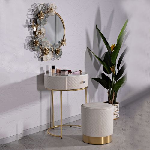 Toeletta Bianco Crema oro un Cassetto Rivestimento in Velluto Trapuntato 52x52x70h cm, Sfumatura Colore Struttura Crema - Mbale
