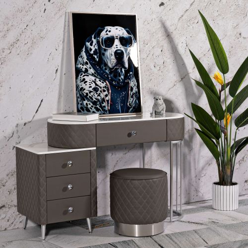 Toeletta Bianco Marmo Grigio Tortora 4 Cassetti Finitura Simil Pelle Trapuntata con Dettagli Argento, top Effetto Marmo 120x40x75h cm, - Tafrao