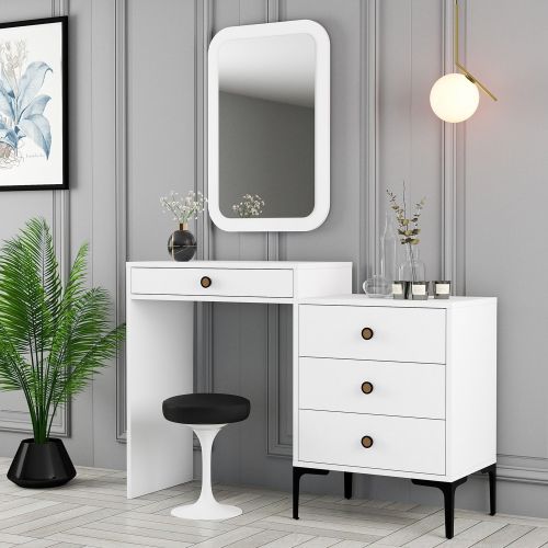 Toeletta Bianco Marrone Noce Specchio Incluso 4 Cassetti 124x40x85h cm, con Piedini - Meltina