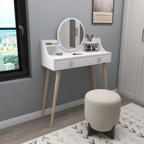 Toeletta Bianco Marrone Rovere Specchio Incluso 2 Cassetti 90x35x131h cm, Colore Struttura Marrone - Isernia
