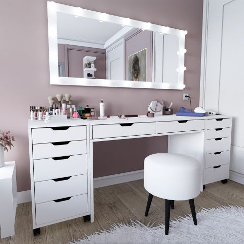Toeletta Bianco Nero Specchio Incluso 12 Cassetti 200x55x77h cm, Luci Incluse - Lagunare