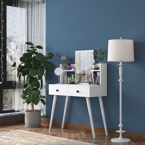 Toeletta Bianco Nero Specchio Incluso 2 Cassetti 103x40x112h cm, Colore Struttura Nero - Longhena