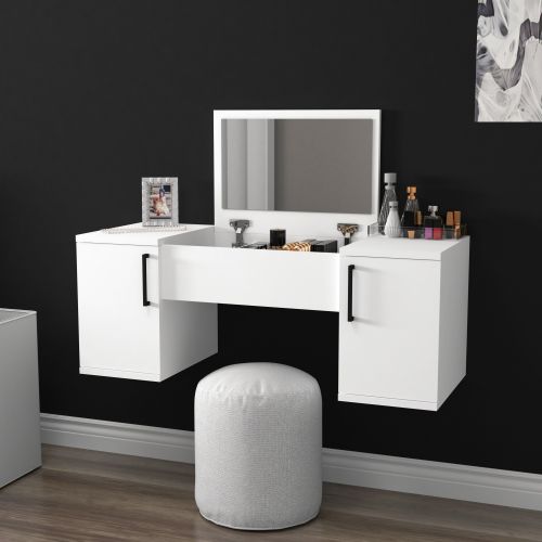 Toeletta Bianco Nero Specchio Incluso 3 Ante 100x35x74h cm, Colore Struttura Nero - Cicerale