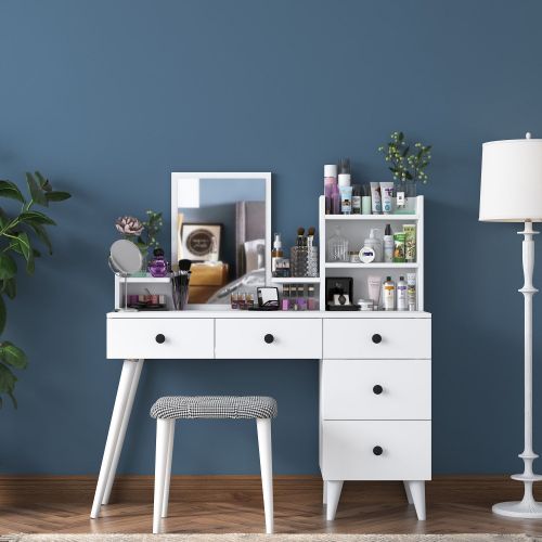 Toeletta Bianco Nero Specchio Incluso 4 Cassetti 125x40x94h cm, con Piedini - Lusia