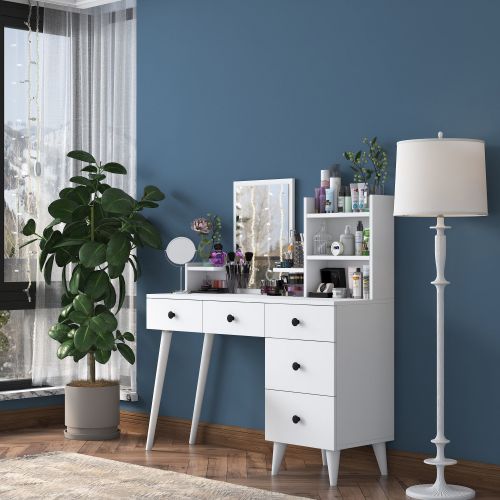 Toeletta Bianco Nero Specchio Incluso 5 Cassetti 125x40x94h cm, Colore Struttura Nero - Certaldo