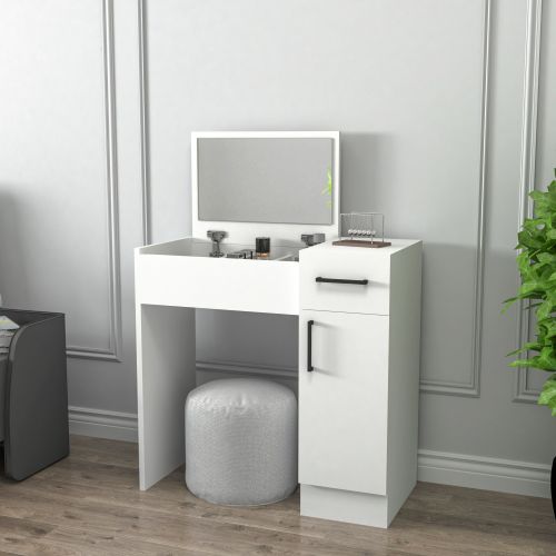 Toeletta Bianco Nero Specchio Incluso un Cassetto 74x38x108h cm, 2 Ante - Lequile