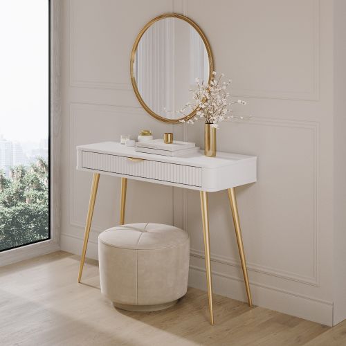Toeletta Bianco oro un Cassetto Materiale Struttura in Metallo 100x38x78h cm, Materiale Piano in Legno Nobilitato - Katerara