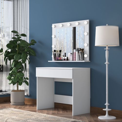 Toeletta Bianco Specchio Incluso un Cassetto 90x45x77h cm, Luci Incluse - Veggiano