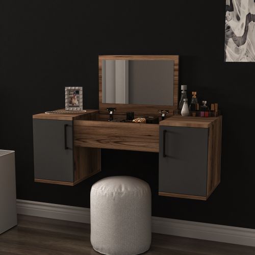 Toeletta Marrone Noce Nero Antracite Specchio Incluso 3 Ante 100x36x74h cm, Colore Ripiano Marrone - Ruviano
