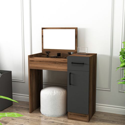 Toeletta Marrone Noce Nero Antracite Specchio Incluso un Cassetto 77x37x109h cm, 2 Ante - Rodano