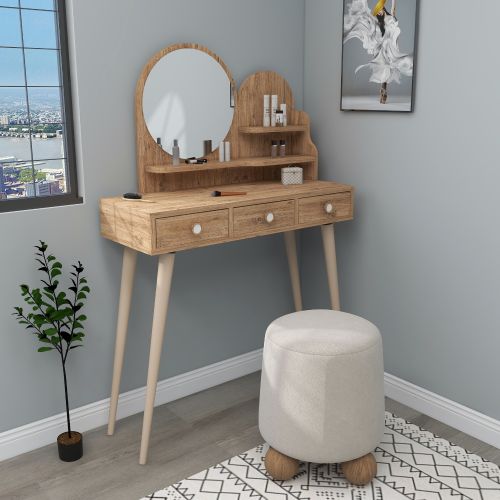 Toeletta Marrone Rovere Marrone Beige Specchio Incluso 3 Cassetti 74x35x131h cm, Colore Ripiano Marrone - Larino