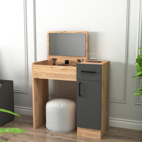 Toeletta Marrone Rovere Nero Antracite Specchio Incluso un Cassetto 77x37x109h cm, 2 Ante - Rodano