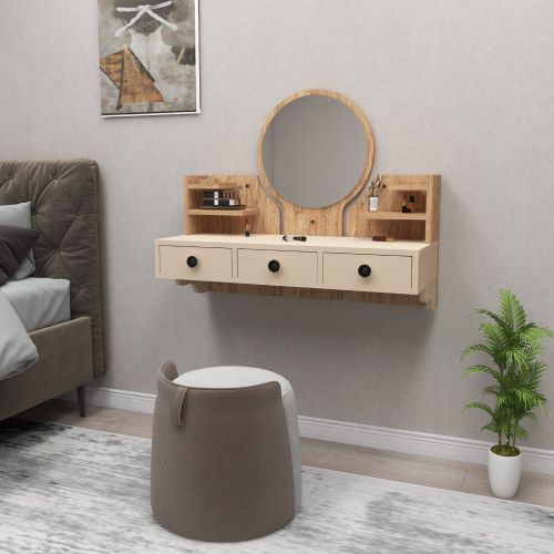 Toeletta Marrone Rovere Nodi Beige Specchio Incluso 3 Cassetti 90x37x75h cm, Colore Struttura Beige - Canistro