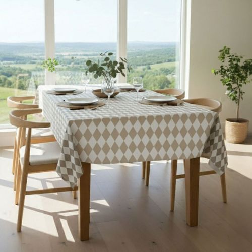 Tovaglia rettangolare no stiro 320x140 cm, tortora e bianco - Acrobata - By Sarah Balivo