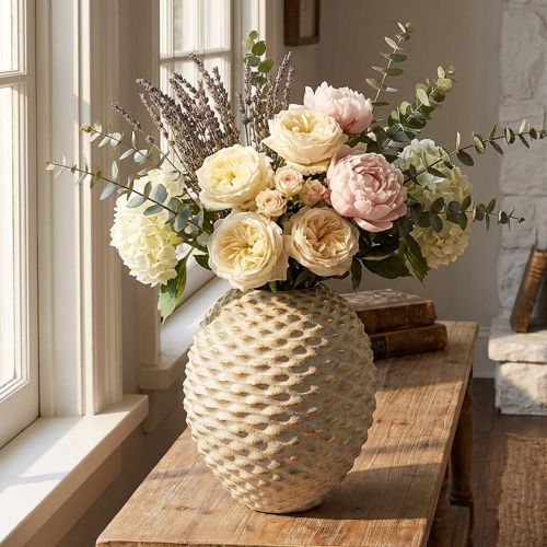 Vaso Beige oro Finitura Geometrica a Rilievo Colore Struttura oro, Diametro 7 cm - Faso