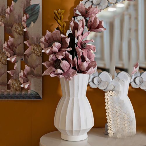 Vaso Bianco Lavorazione Scanalata Diametro 16 cm, - Darehamo