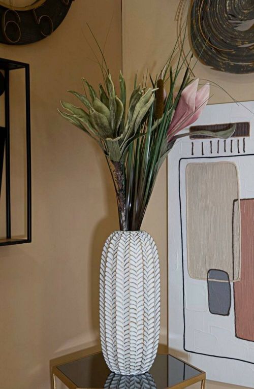 Vaso Bormida, Complemento d'arredo, Articolo decorativo, Accessorio d'arredo, Bianco e Oro, 19x19 h46 cm