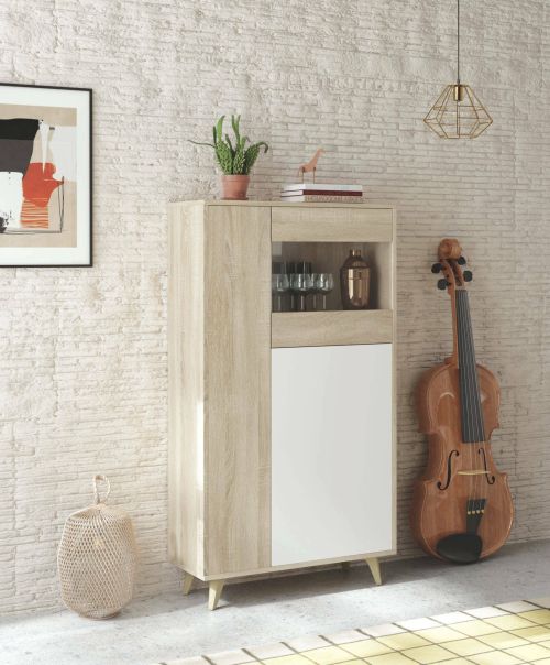 Vetrina Atlanta, Vetrinetta moderna a 3 ante, Credenza da soggiorno o salotto, Madia alta con ripiani, 77x33h142 cm, Rovere e Bianco