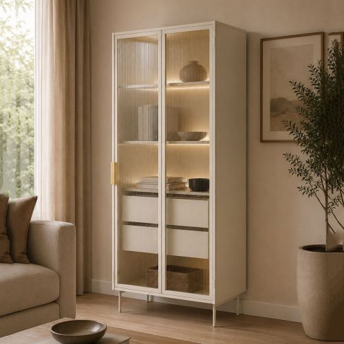 Vetrina Beige Cashmere Trasparente 4 Ripiani 2 Cassetti 92x39x195h cm, 2 Ante - Lafafasa