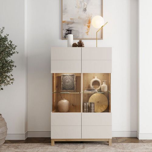 Vetrina Beige Marrone Rovere Nodi 6 Ripiani Apertura Battente 90x35x146.5h cm, 2 Ante - Talla