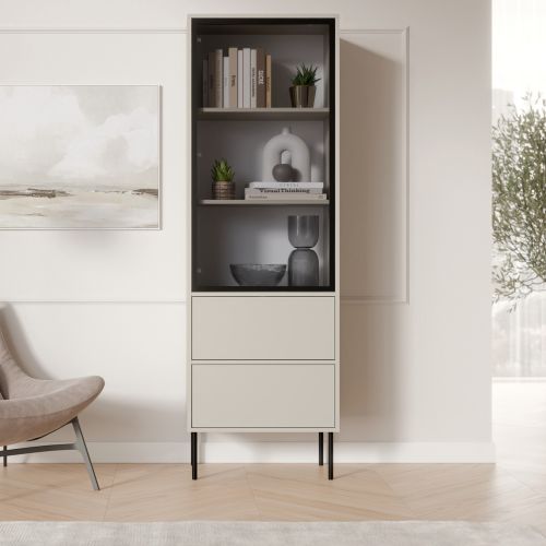 Vetrina Beige Nero 2 Ripiani 2 Cassetti 60x40x185h cm, Un'anta - Zanica