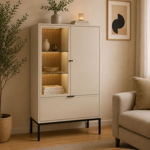 Vetrina Beige Nero 3 Ripiani un Cassetto 76x40x116h cm, 2 Ante - Lolamaha