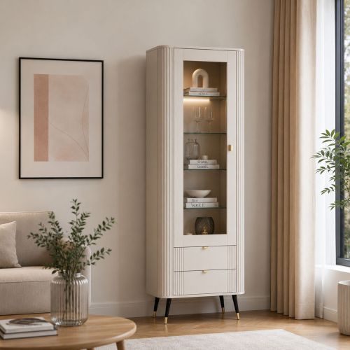 Vetrina Beige Nero 4 Ripiani 2 Cassetti 78x40x192h cm, Un'anta - Lokapami