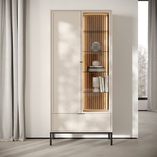 Vetrina Beige Nero 7 Ripiani un Cassetto 76x40x184h cm, 2 Ante - Lolera