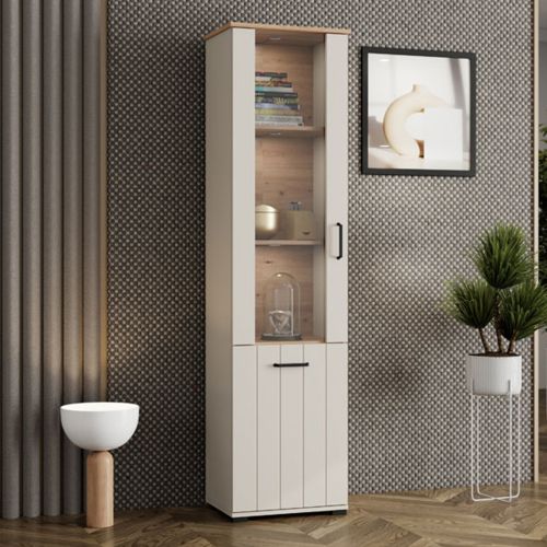 Vetrina Bianco Crema Marrone Rovere Nodi 4 Ripiani Un'anta 50x36x191h cm, con Piedini, Anta Dettaglio Vetro - Entrac