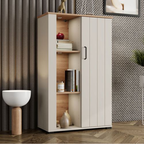 Vetrina Bianco Crema Marrone Rovere Nodi 4 Ripiani Un'anta 79x36x127h cm, 6 Vani - Farra