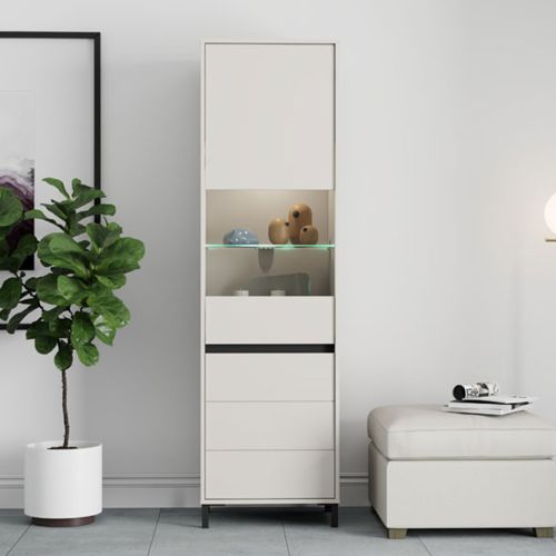 Vetrina Bianco Crema Nero 4 Ripiani 2 Ante 55x40x193h cm, con Piedini, Anta e Ripiano Dettaglio Vetro - Ovodda
