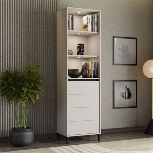 Vetrina Bianco Crema Nero 4 Ripiani Apertura Battente 55x40x193h cm, Un'anta - Calto