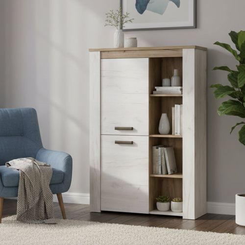 Vetrina Bianco Larice Marrone Rovere Nodi 6 Ripiani Apertura Battente 99.5x36.5x146.5h cm, 2 Ante - Sagama