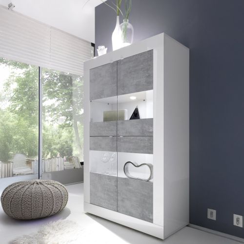 Vetrina Bianco Lucido Grigio Cemento 3 Ripiani 2 Ante 101.4x42x161.2h cm, Apertura con Maniglia - Suzzara