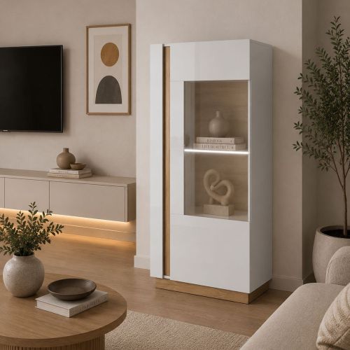 Vetrina Bianco Lucido Marrone Rovere 2 Ripiani Un'anta 72x40x154h cm, con led - Kato