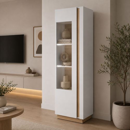Vetrina Bianco Lucido Marrone Rovere 3 Ripiani Un'anta 60x40x194h cm, con led - Katito