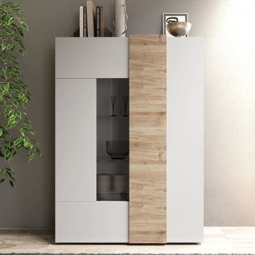 Vetrina Bianco Lucido Marrone Rovere 8 Ripiani 2 Ante 121x44x169h cm, Apertura Standard - Gorizia