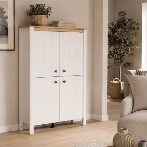 Vetrina Bianco Marrone Rovere Nodi 3 Ripiani 4 Ante 86x34x131h cm, con Piedini - Fonz