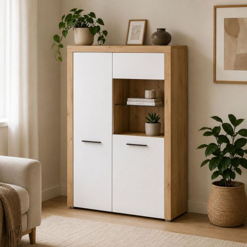 Vetrina Bianco Marrone Rovere Nodi 6 Ripiani 2 Ante 100x42x147h cm, Anta e Ripiani Dettaglio Vetro led non Inclusi - Lohalime