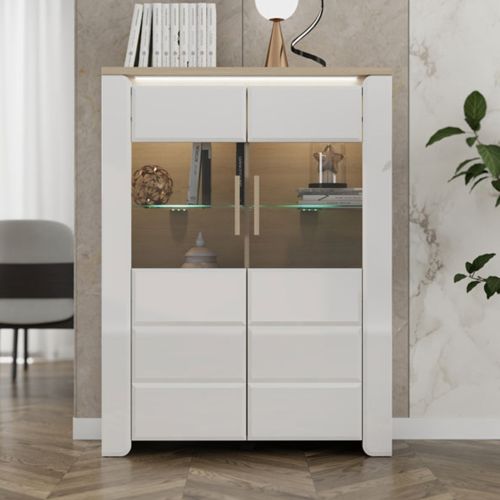 Vetrina Bianco Opaco Marrone Rovere 2 Ripiani 2 Ante 96x35x130h cm, Anta e Ripiani Dettaglio Vetro - Erto
