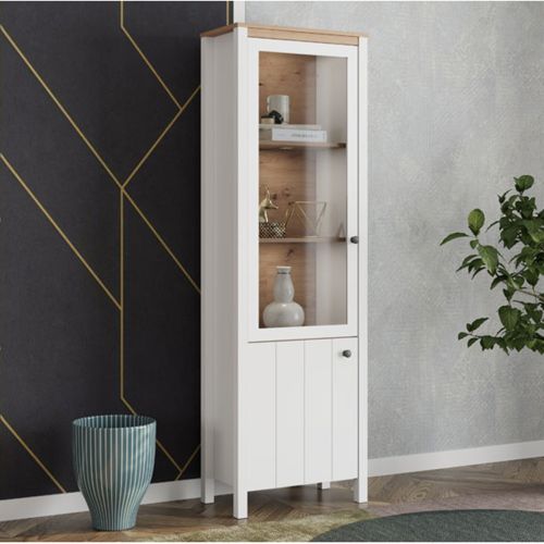 Vetrina Bianco Opaco Marrone Rovere Nodi 4 Ripiani 2 Ante 60x34x191h cm, con Piedini - Doreno