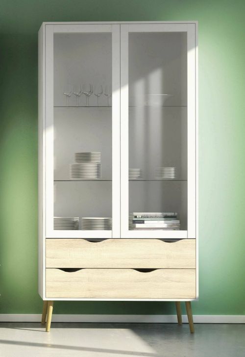 Vetrina Elisabeth, Credenza espositiva, Vetrinetta multiuso, Madia da soggiorno, 98x39 h200 cm, Bianco e Quercia