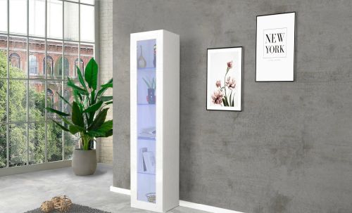 Vetrina Enea, Credenza con ripiani in vetro, Mobile da soggiorno multiuso con luce LED, 100% Made in Italy, cm 40x30h180, Bianco lucido