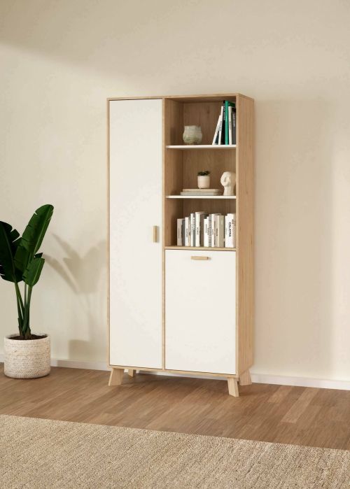 Vetrina Esme, Credenza espositiva, Vetrinetta multiuso, Madia da soggiorno, 40x89 h188 cm, Rovere e Bianco
