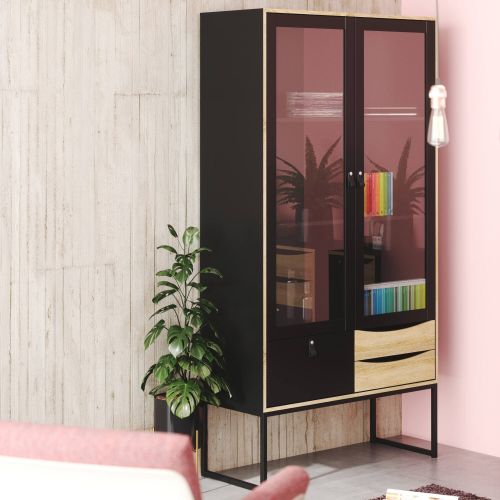 Vetrina Fabiola, Credenza espositiva, Vetrinetta multiuso, Madia da soggiorno, 40x99 h189 cm, Nero e Quercia